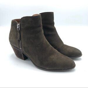 FRYE Judy Ankle Boot Side Zip Suede Leather Bootie Olive Green Brown Heeled Boot